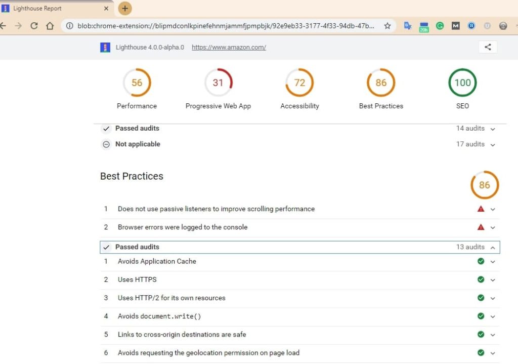 Best Practices Score in Google Lighthouse Audits