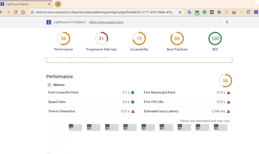 This is a more detailed view of the Performance Score report in a Google Lighthouse Audit