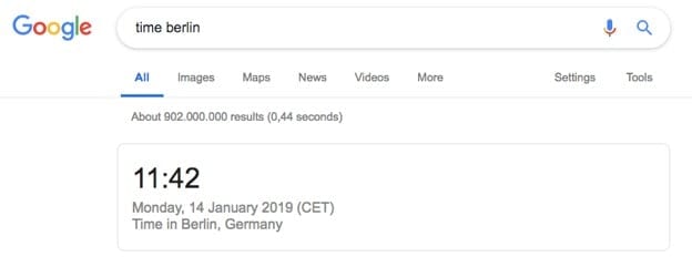 Zero-click search results displaying the time in Berlin, Germany.