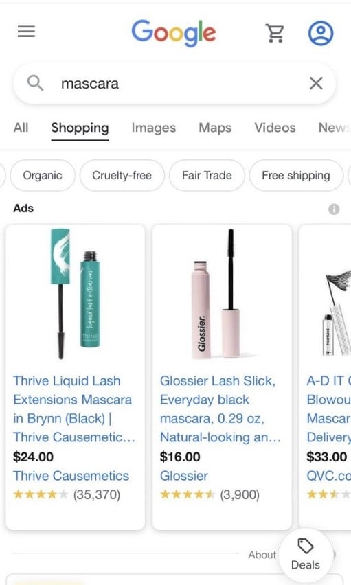Google Shopping search for mascara