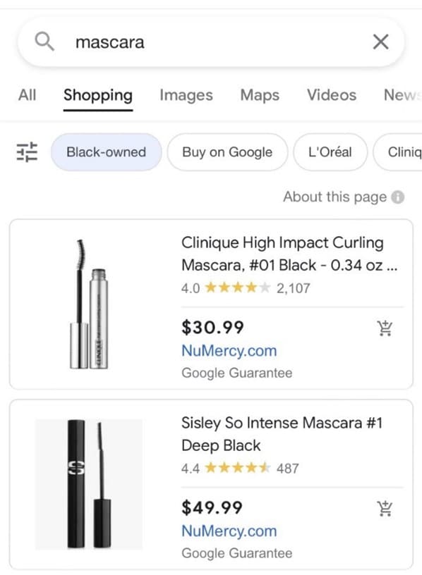 Google Shopping results for a search for mascara